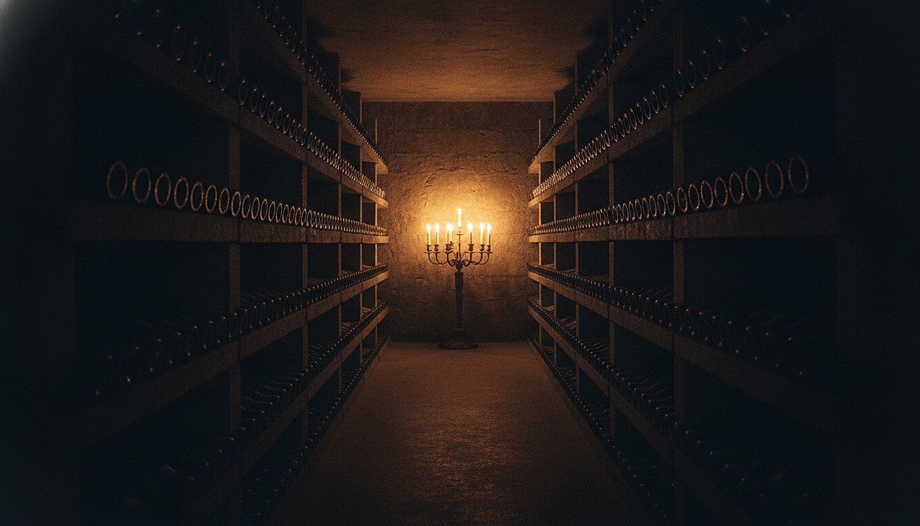 A candlelit wine cellar corridor, rows of aging bottles receding to a warm candelabra glow