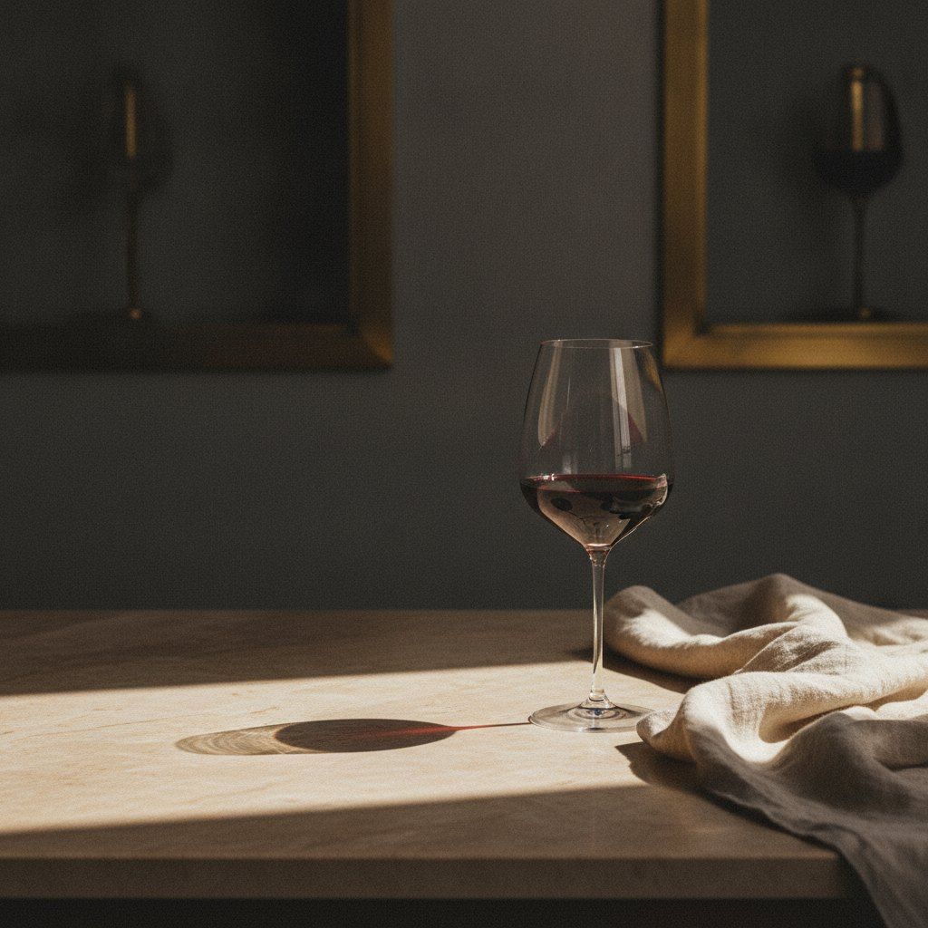 A single glass of red wine on warm marble in raking sidelight, casting a long shadow