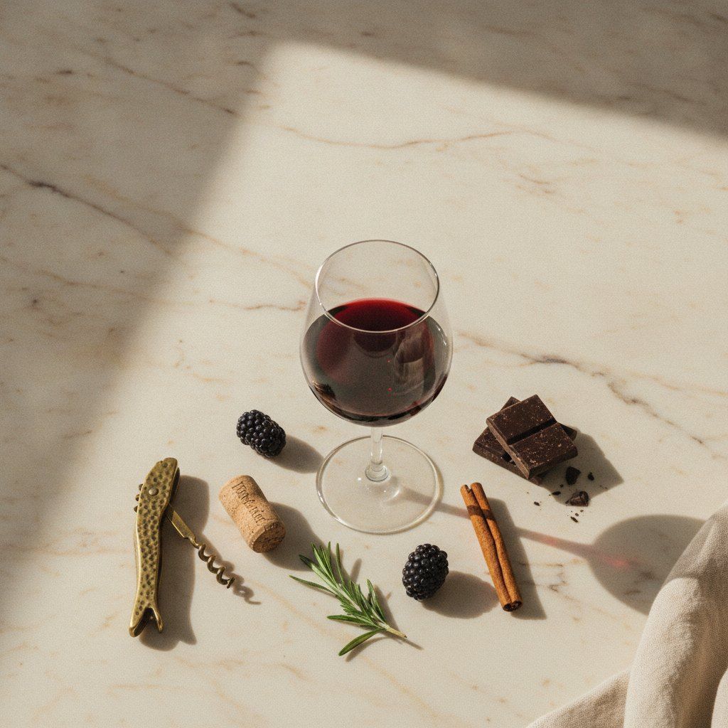A glass of red wine seen from above with cork, blackberries, cinnamon, rosemary and dark chocolate on warm marble