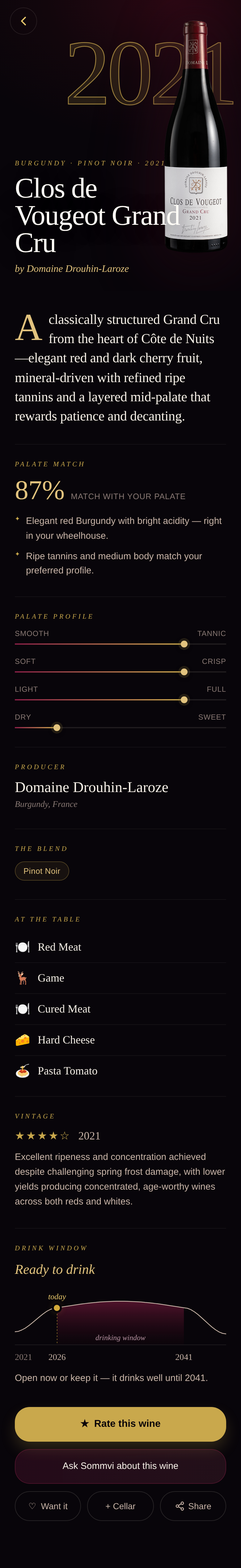 Sommvi wine detail screen: Clos de Vougeot Grand Cru 2021 with an 87% Palate Match, Palate Profile, Producer, Blend, At the Table, Vintage and Drink Window sections