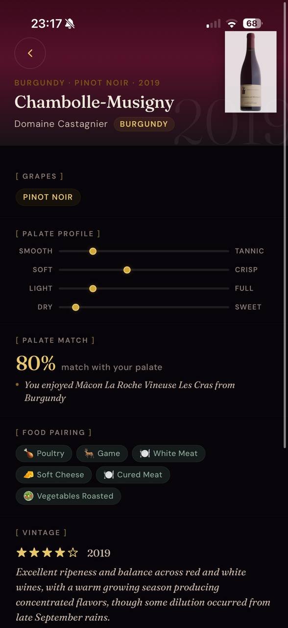 Sommvi palate-match screen: 80% match with your palate for a Burgundy Pinot Noir, with palate-profile sliders and food pairings