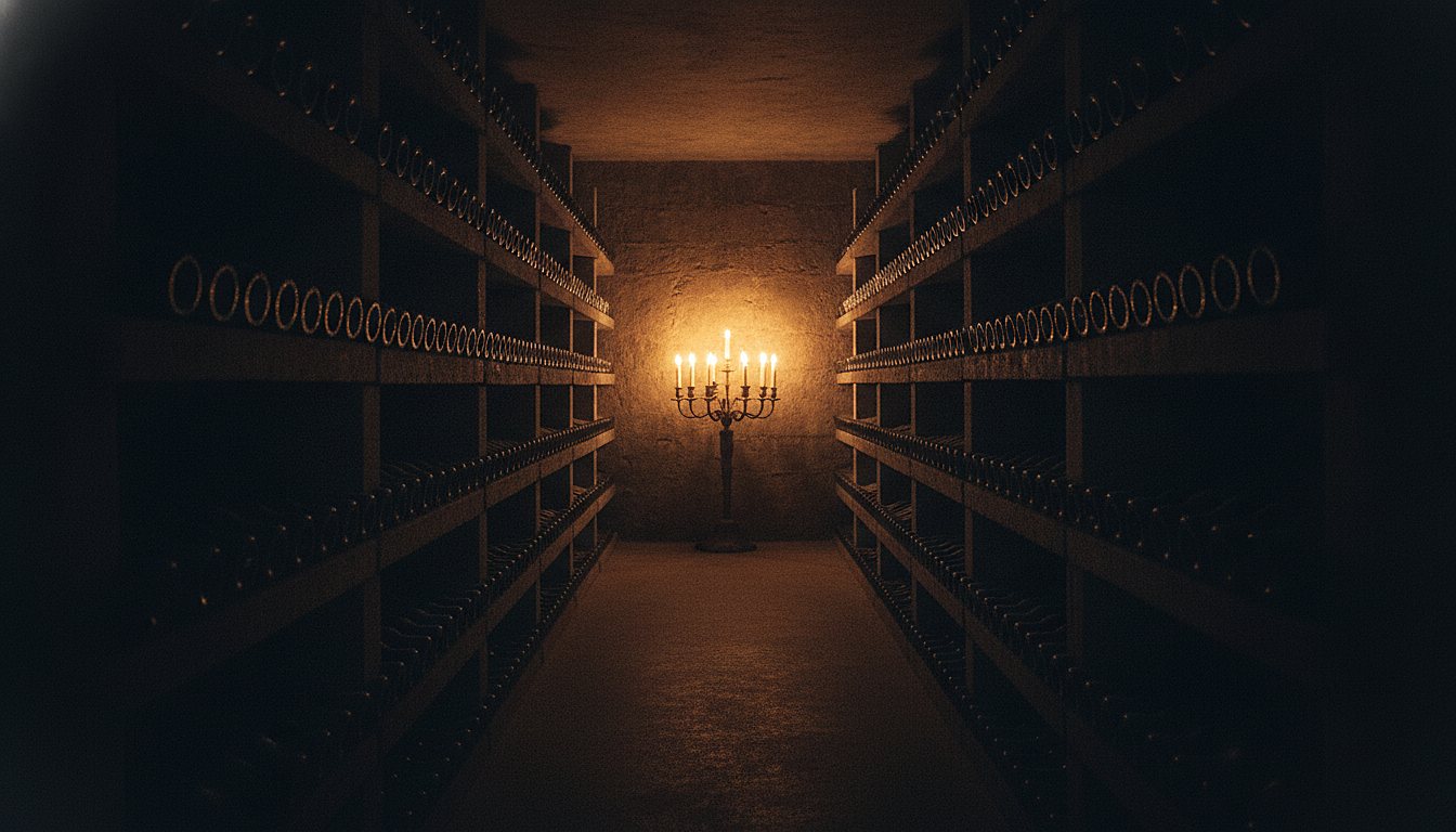 A candlelit wine cellar corridor, rows of aging bottles receding to a warm candelabra glow