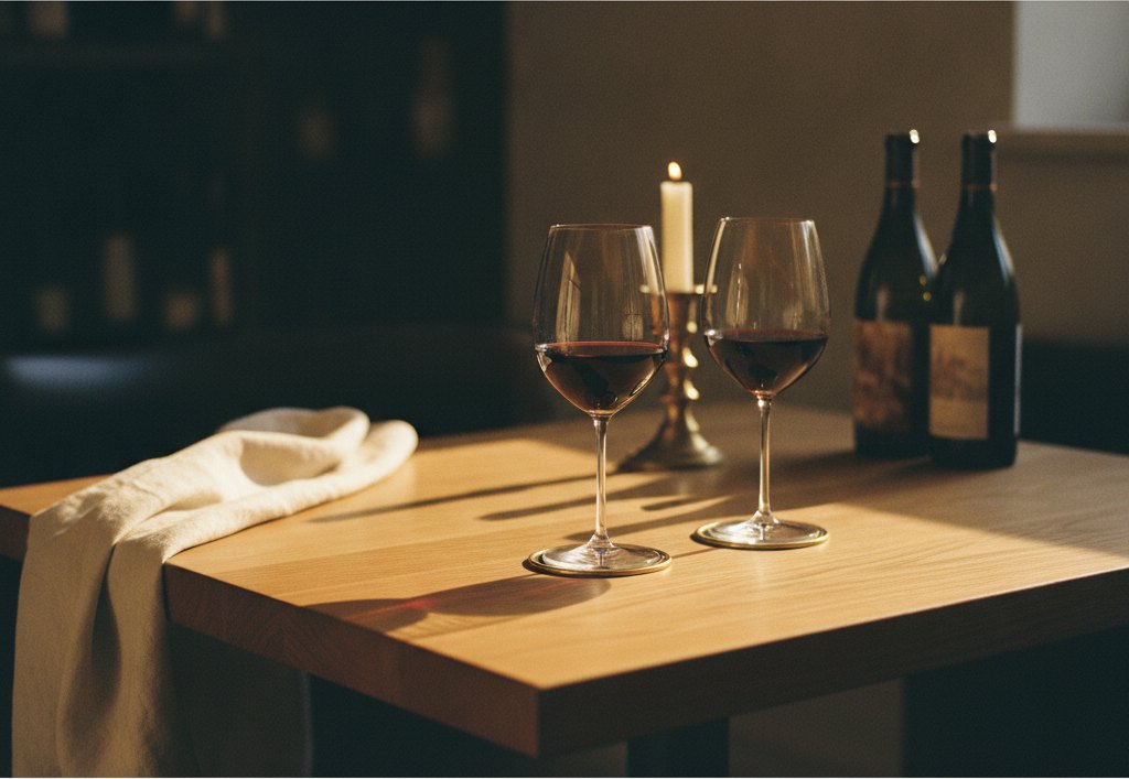 Two glasses of red wine and a candle on a warm oak table at dusk