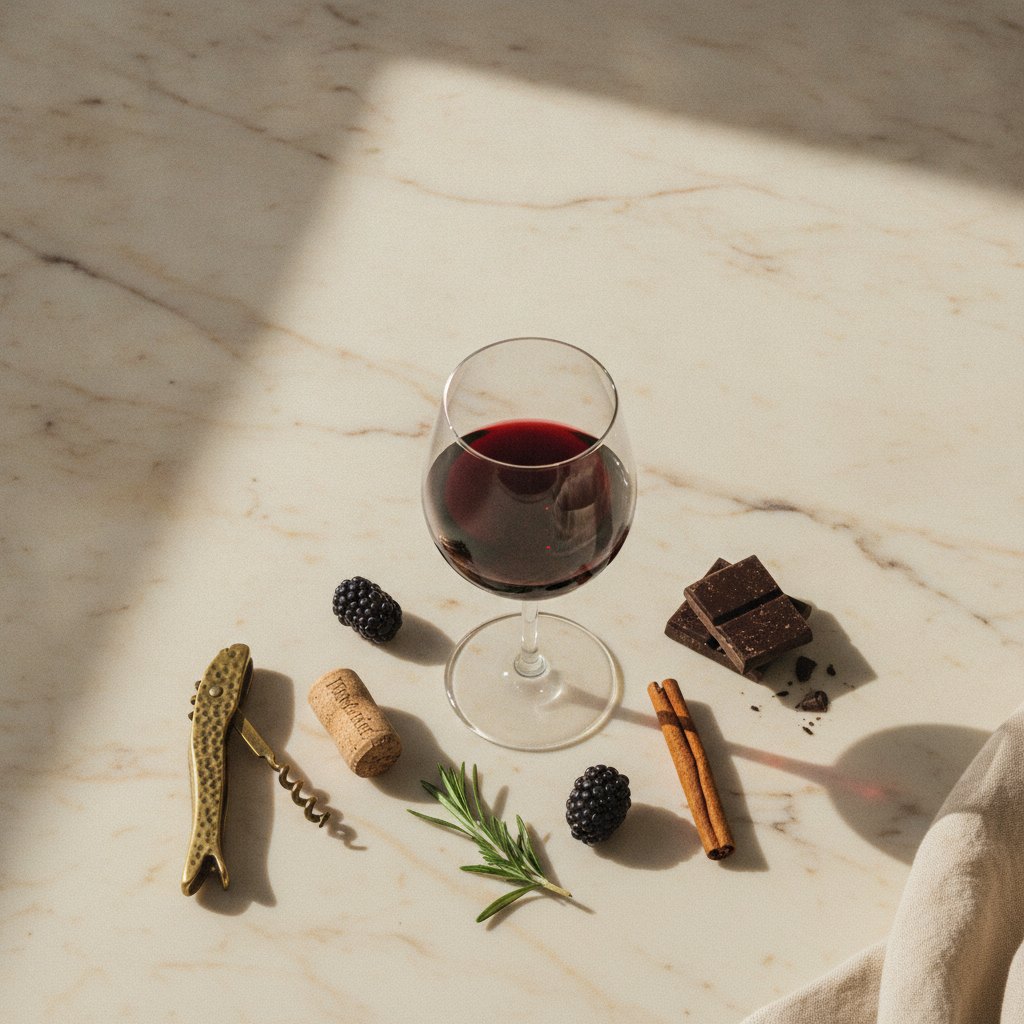 A glass of red wine seen from above with cork, blackberries, cinnamon, rosemary and dark chocolate on warm marble